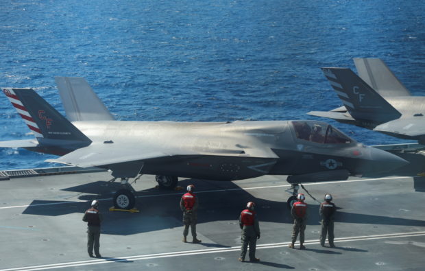 F-35B Lightning II aircrafts are seen on the deck of the HMS Queen Elizabeth aircraft carrier offshore Portugal, UK aircraft carrier