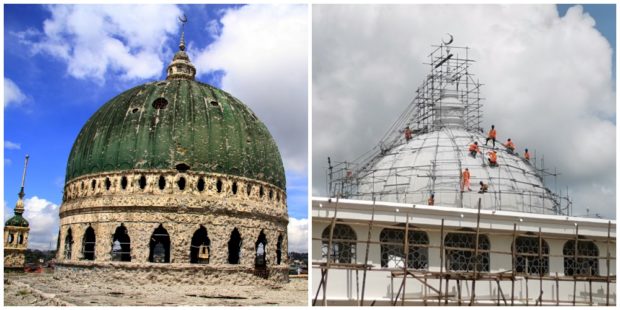 TRANSFORMATION The Grand Mosque, icon of Islamic faith in Marawi City, underwent major reconstruction after it was heavily damaged during combat operations to flush out militants who laid siege to the city. —PHOTOS BY RICHEL V. UMEL AND DIVINA M. SUSON