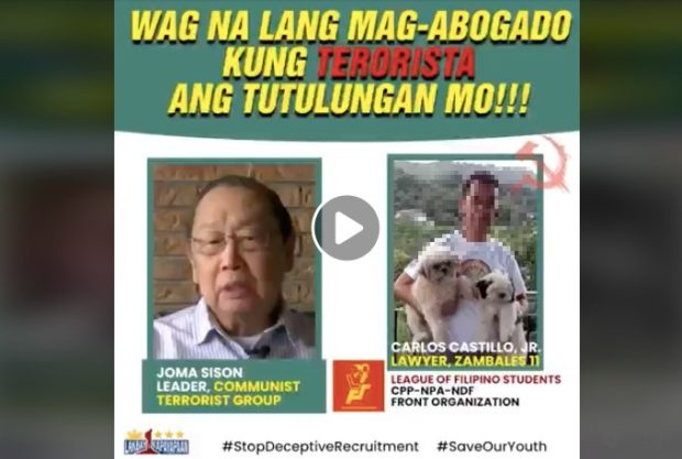 A screengrab of the video posted on the Facebook page of Lakbay Kapayapaan that appears to red-tag Atty. Carlos Castillo Jr.