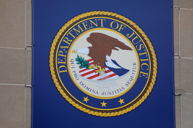 The crest of the United States Department of Justice (DOJ) is seen at their headquarters in Washington, D.C.