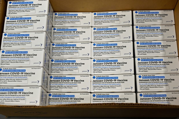 Boxes of the Johnson & Johnson COVID-19 vaccine are seen at the McKesson Corporation, in Shepherdsville