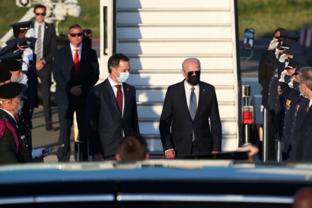 Belgium's Prime Minister Alexander De Croo welcomes U.S. President Joe Biden as he arrives ahead of a NATO summit, at Brussels Military Airport in Melsbroek, Belgium June 13, 2021. REUTERS/Yves Herman/Pool