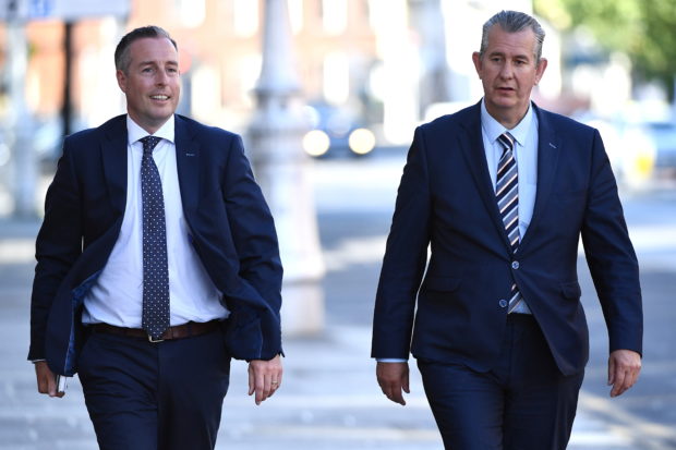 Leader of the Democratic Unionist Party (DUP) Edwin Poots and Paul Givan arrive at Government Buildings in Dublin