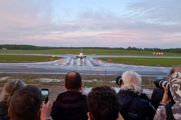 A Ryanair aircraft, which was carrying Belarusian opposition blogger and activist Roman Protasevich and diverted to Belarus, where authorities detained him, lands at Vilnius Airport in Vilnius, Lithuania May 23, 2021