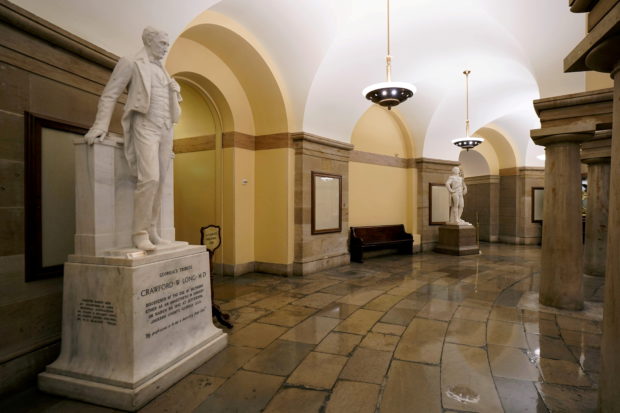 The spot in the U.S. Capitol's crypt where a statue of Confederate General Robert E. Lee had been, now sits empty, after the monument was removed to be replaced with a statue of Black civil rights pioneer Barbara Johns, on Capitol Hill in Washington, U.S., December 21, 2020