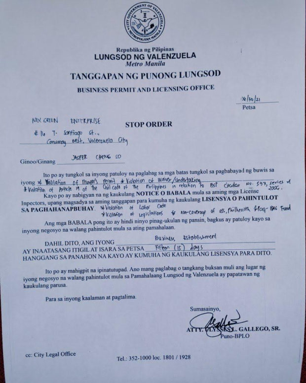 Order of suspension of business permit issued by Valenzuela Mayor Rex Gatchalian