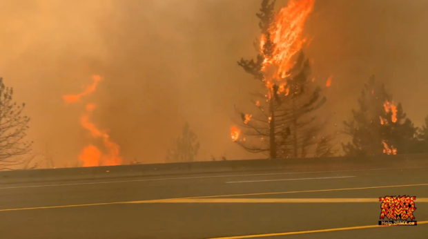 Trees burn along a street during a wildfire in Lytton, British Columbia, Canada June 30, 2021 in this still image obtained from a social media video on July 1, 2021. 2 RIVERS REMIX SOCIETY/via REUTER