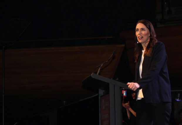 Prime Minister Jacinda Ardern addresses her supporters at a Labour Party event in Wellington, New Zealand