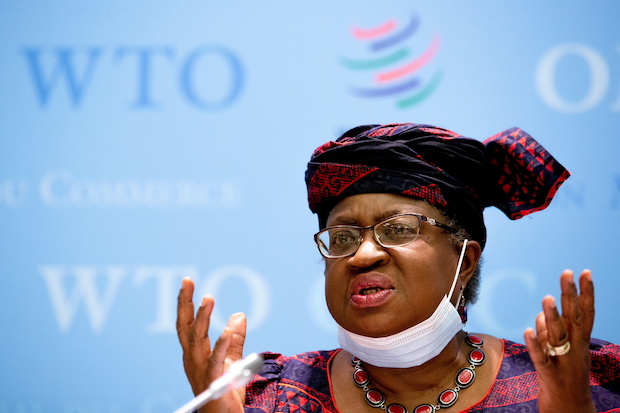 Director-General of the World Trade Organization Ngozi Okonjo-Iweala speaks remotely during a news conference