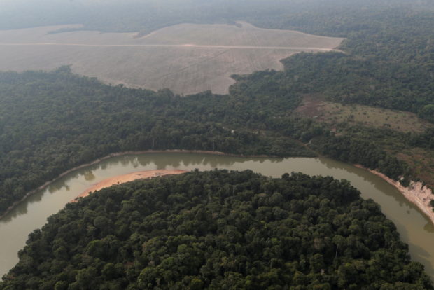  n aerial view shows a river and a deforested plot of the Amazon near Porto Velho, Rondonia State, Brazil August 14, 2020. REUTERS/Ueslei Marcelino/File Pho