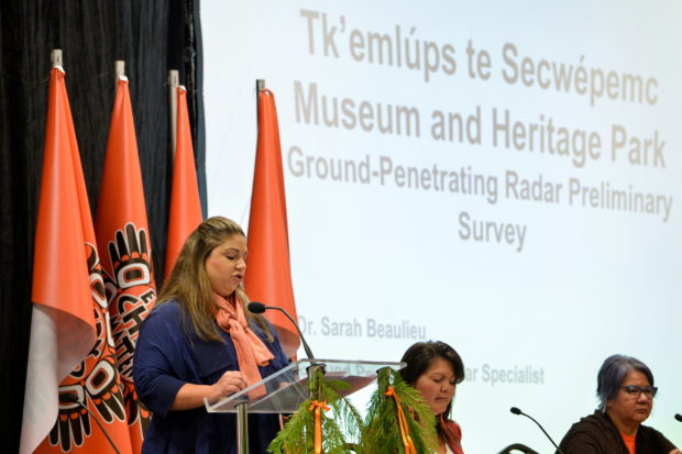 GPR specialist Dr. Sarah Beaulieu presents the findings on 215 unmarked graves discovered at Kamloops Indian Residential School in Kamloops, British Columbia, Canada, July 15, 2021.  REUTERS/Jennifer Gauthier