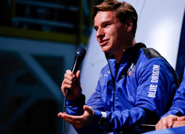 Oliver Daemen, 18, of the Netherlands, speaks at a post-launch press conference after he flew with three crewmates on Blue Origin's inaugural flight to the edge of space, in the nearby town of Van Horn, Texas, U.S. July 20, 2021. 