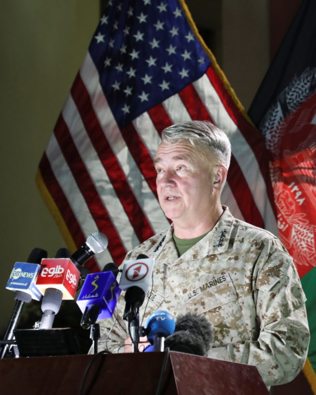 U.S. Marine Corps General Kenneth McKenzie, commander of U.S. Central Command, speaks during a news conference, in Kabul, Afghanistan July 25, 2021. 