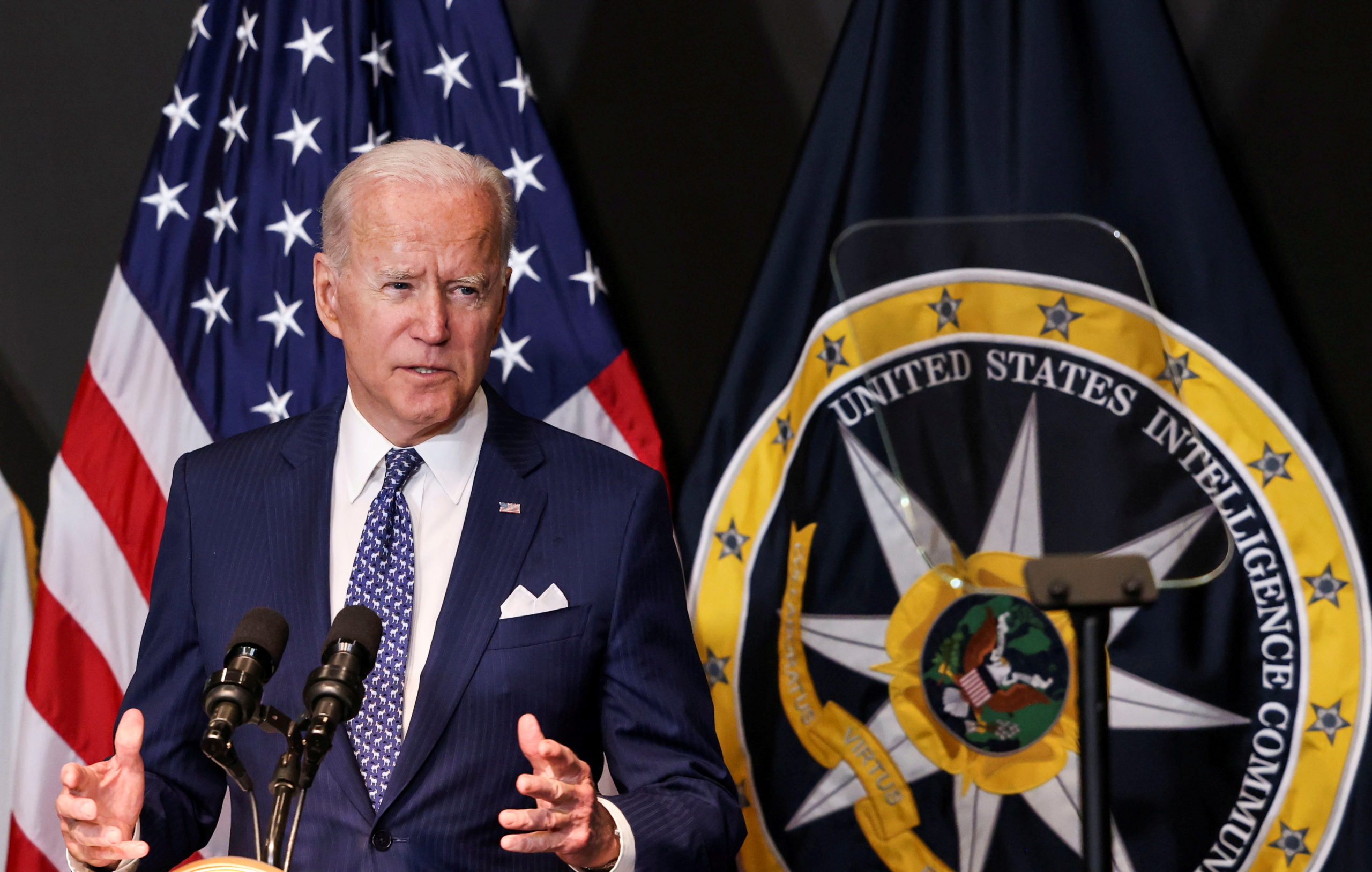 U.S. President Joe Biden delivers remarks to members of "the intelligence community workforce and its leadership" as he visits the Office of the Director of National Intelligence in nearby McLean, Virginia outside Washington, U.S., July 27, 2021. REUTERS/Evelyn Hockstein