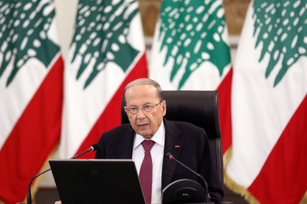 Lebanon's President Michel Aoun delivers a speech at the presidential palace in Baabda