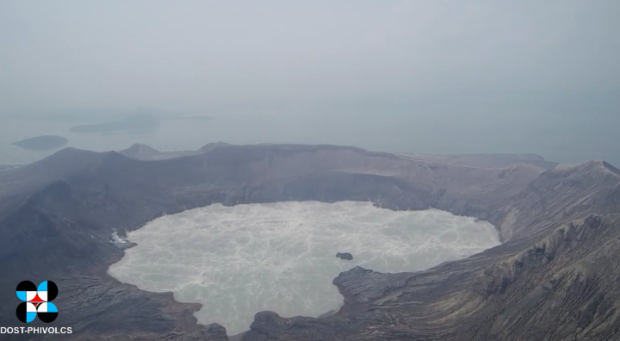 A screenshot of a drone video provided by Phivolcs showing the upswelling of the crater lake of Taal Volcano.