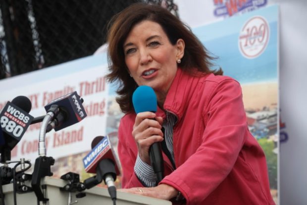 New York State Lieutenant Governor Kathy Hochul speaks during an opening ceremony on the first day of the Coney Island parks reopening in the Coney Island neighborhood of Brooklyn, New York