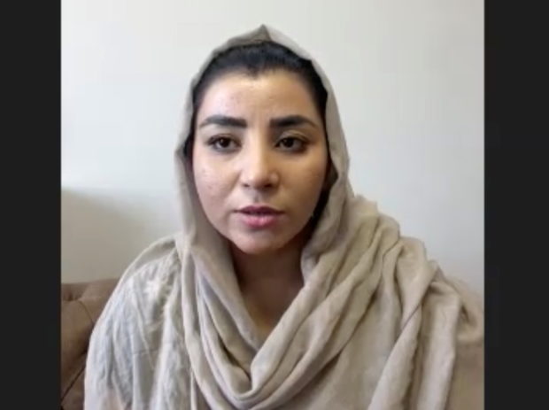 Farzana Kochai, a member of the Afghan Parliament, speaks during an interview on Zoom with Reuters in Kabul