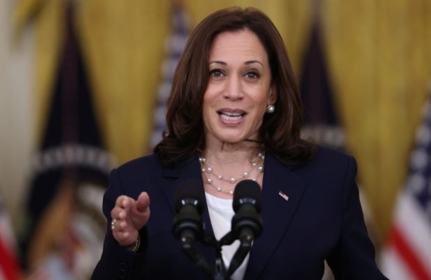 U.S. Vice President Kamala Harris discusses the U.S. Senate's passage of the $1 trillion bipartisan infrastructure bill, during a meeting in the State Dining Room at the White House in Washington, U.S., August 10, 2021. REUTERS/Evelyn Hockstein