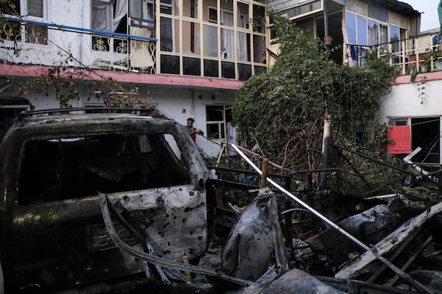 General view of a residence house destroyed after a rocket attack in Kabul, Afghanistan