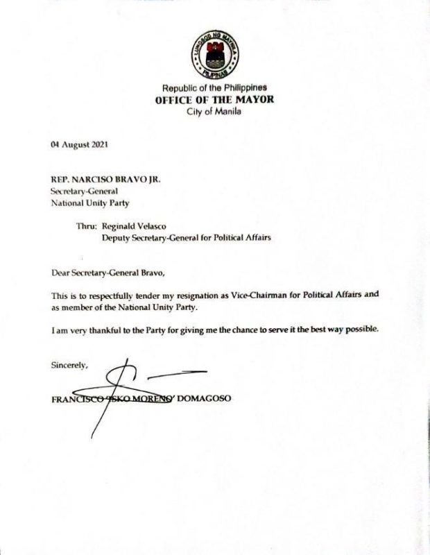 A copy of Moreno's letter to NUP
