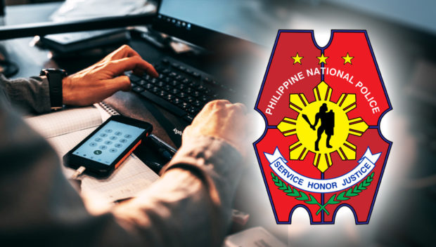 Photo montages keyboard and PNP logo, for story: PNP launches manhunt for peddlers of fake news