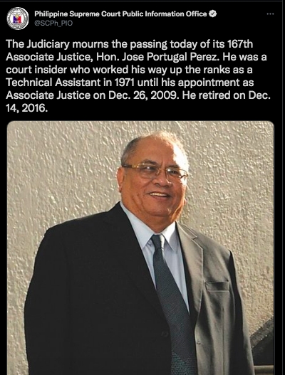 Judiciary mourns death of retired SC Associate Justice Jose Perez