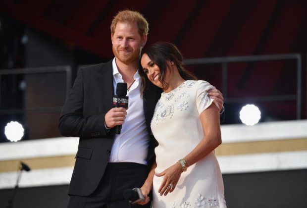 Britain's Prince Harry and Meghan Markle speak during the 2021 Global Citizen Live festival at the Great Lawn, Central Park on September 25, 2021 in New York City. (Photo by Angela Weiss / AFP)