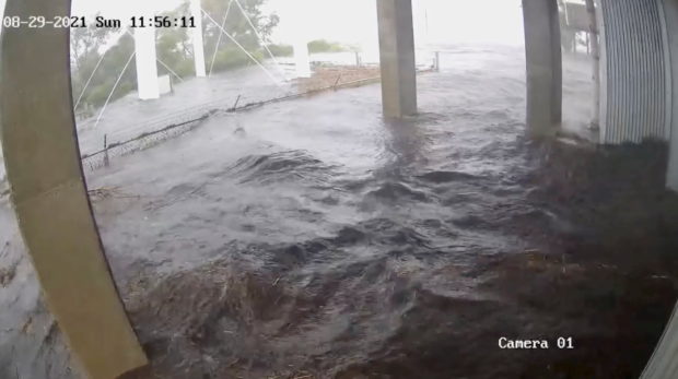 A security camera footage outside Fire Station #12 after hurricane Ida struck, in Delacroix, St. Bernard Parish, Louisiana, U.S. August 29, 2021 in this still image obtained from a video on Aug