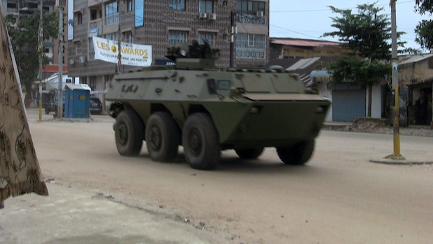 An army vehicle is seen at Kaloum neighbourhood during an uprising by special forces in Conakry