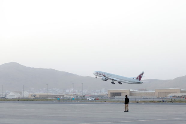 The first international flight since the withdrawal of U.S. troops from Afghanistan takes off from the international airport in Kabul, Afghanistan, September 9, 2021. 