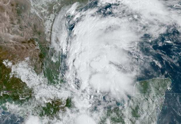 A satellite image shows Tropical Storm Nicholas in the Gulf of Mexico September 12, 2021.