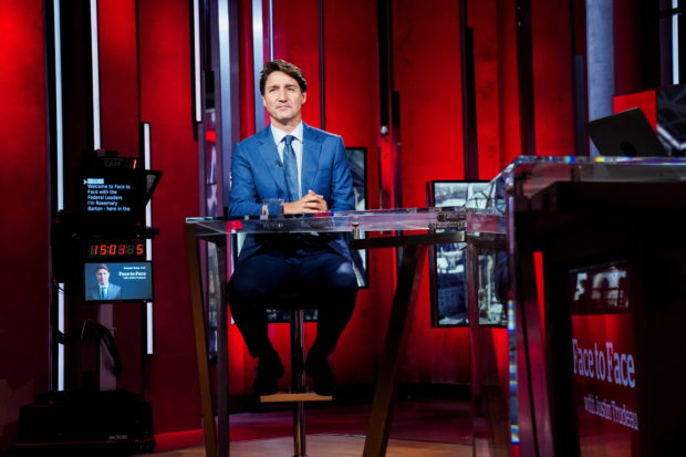 Liberal Leader Justin Trudeau prepares to take part on CBC's Face To Face with host Rosemary Barton in Toronto, Canada, September 12, 2021. Sean Kilpatrick/Pool via REUTERS