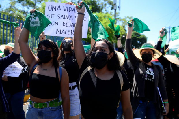 Pro-choice demonstrators march to mark International Safe Abortion Day in San Salvador