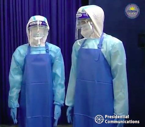 Mannequins wearing complete PPE suits that were procured by the Duterte government were used as props by presidential spokesperson Harry Roque, Jr. during his briefing in Malacanang last September 6, 2021 to belie claims of overprice. Screengrab from RTVM