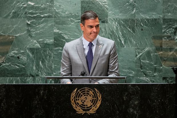 Spain's Prime Minister Pedro Sanchez addresses the 76th Session of the U.N. General Assembly in New York City