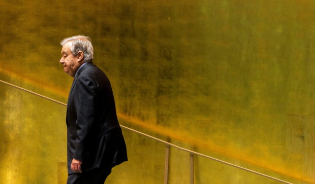 United Nations Secretary-General Antonio Guterres walks to his desk after addressing a high-level meeting to commemorate the twentieth anniversary of the adoption of the Durban Declaration being held during the General Debate of the 76th Session of the United Nations General Assembly in New York City, New York, US., 22 September 2021. 