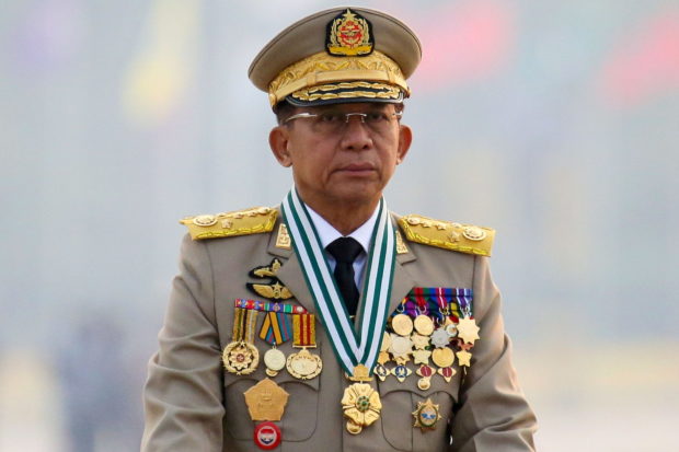 Myanmar's junta chief Senior General Min Aung Hlaing, who ousted the elected government in a coup on February 1, presides at an army parade on Armed Forces Day in Naypyitaw, Myanmar, March 27, 2021. REUTERS/Stringer//File Photo
