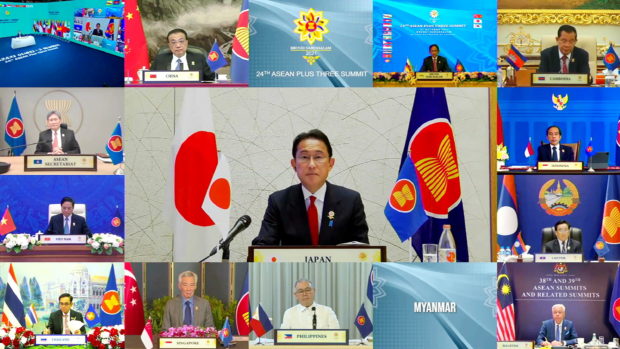 Japan's Prime Minister Fumio Kishida speaks during the virtual ASEAN Plus Three Summit, hosted by ASEAN Summit Brunei, in Bandar Seri Begawan, Brunei October 27, 2021. ASEAN SUMMIT 2021 HOST PHOTO/Handout via REUTERS