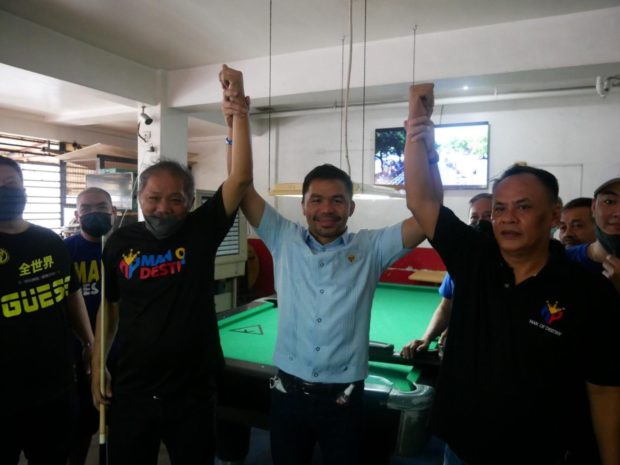 Pacquiao plays 9-ball with billiard legends Bata Reyes and Django Bustamante