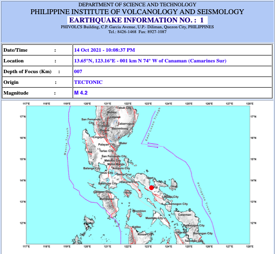 Magnitude 4.2 quake hits Camarines Sur