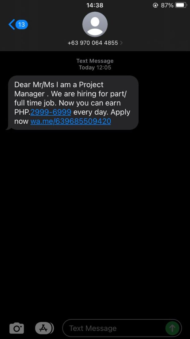 Spam text in fake job offering