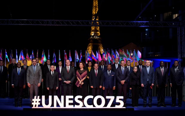 FILE PHOTO: International leaders pose for a family picture during the 75th anniversary celebrations of The United Nations Educational, Scientific and Cultural Organization (UNESCO) at UNESCO headquarters in Paris, France, November 12, 2021. Julien de Rosa/ Pool via REUTERS/File Photo