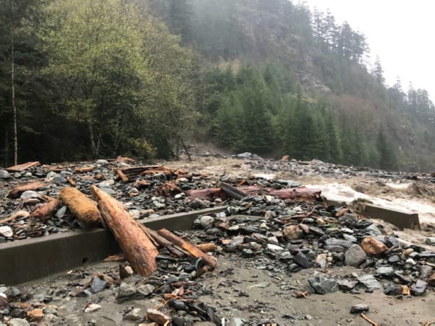 FILE PHOTO: Debris lie on the ground after a landslide and flood, near Ten Mile, British Columbia, Canada, November 15, 2021. B.C. Ministry of Transportation and Infrastructure/Handout via REUTERS