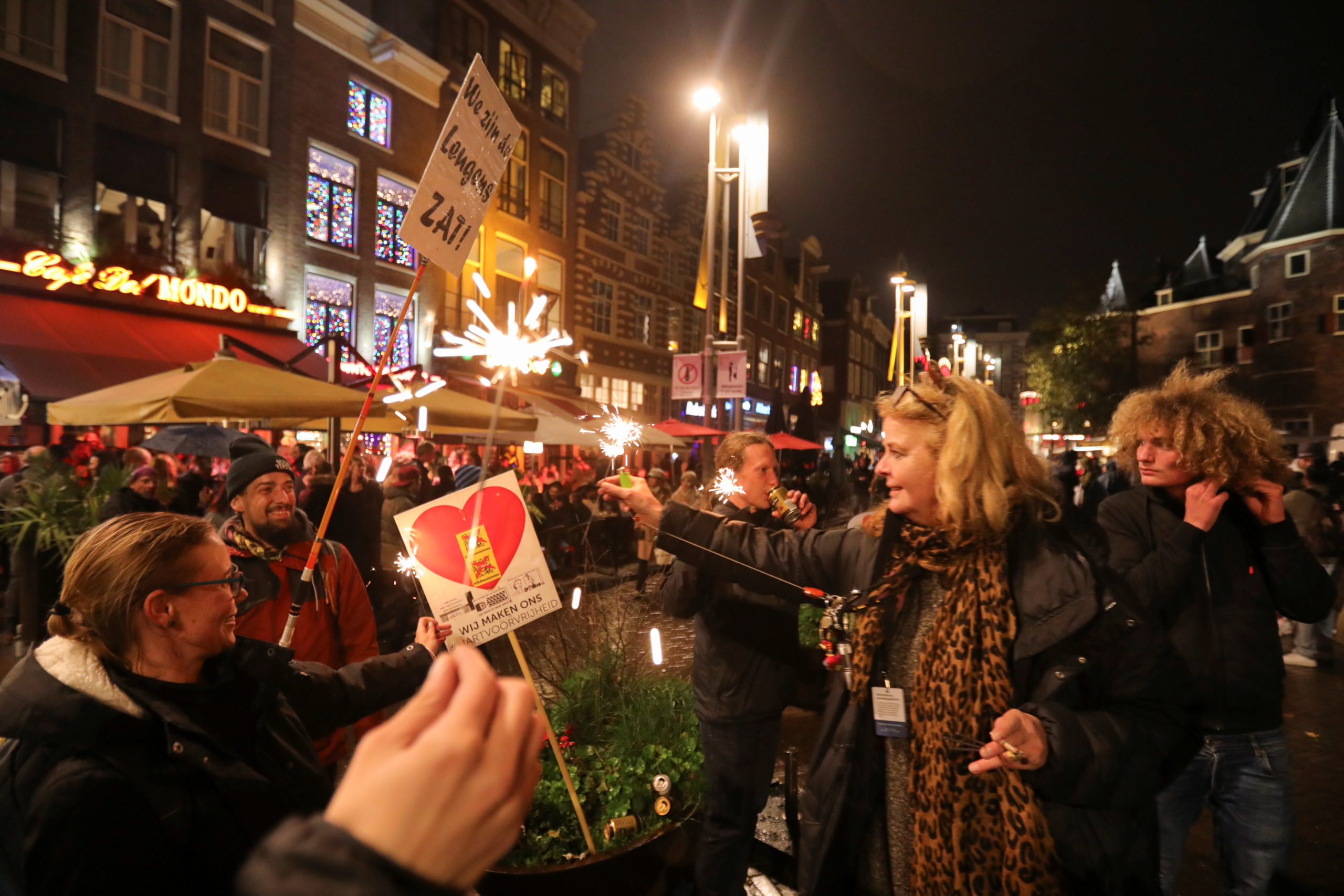 Protestors gather at Cafe del Mondo during demonstrations against coronavirus disease (COVID-19) measures in Amsterdam, Netherlands, November 20, 2021. REUTERS/Eva Plevier