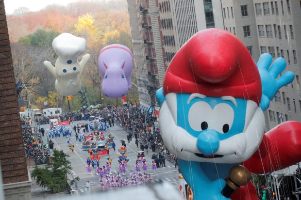 The Papa Smurf balloon flies during the 95th Macy's Thanksgiving Day Parade in Manhattan, New York City, U.S., November 25, 2021.  REUTERS/Brendan McDermid