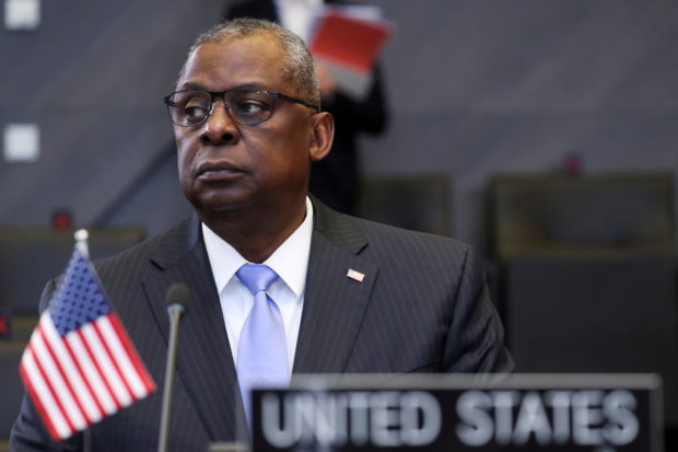 FILE PHOTO: U.S. Defense Secretary Lloyd Austin attends a NATO Defence Ministers meeting at the Alliance headquarters in Brussels, Belgium, October 21, 2021. REUTERS/Pascal Rossignol/File Photo