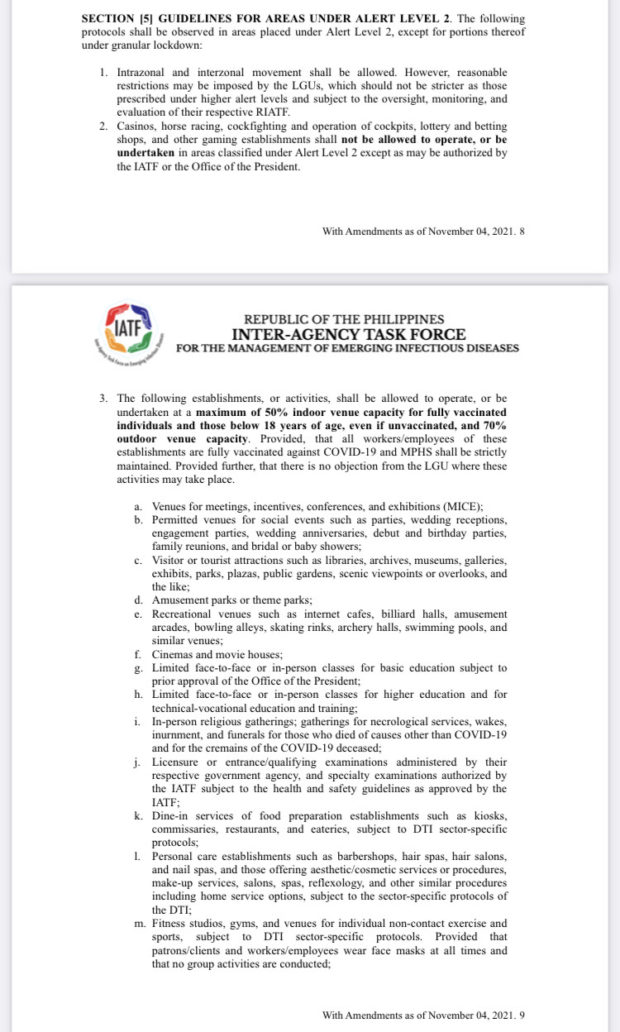 A screenshot of the IATF Resolution on Alert Level 2 as of November 4.