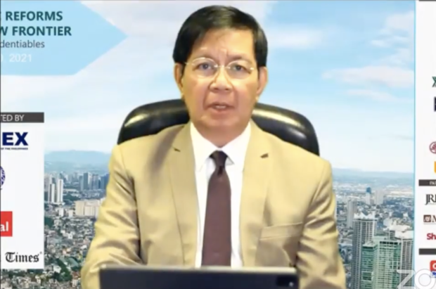 Senator Panfilo Lacson during an online forum sponsored by FINEX. Screengrab from Facebook / FINEX