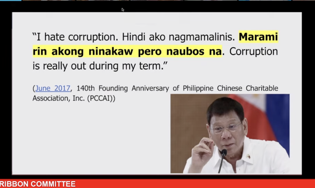 Senator Richard Gordon presents a slide with a quote from President Rodrigo Duterte’s speech before the Philippine Chinese Charitable Association in June 2017. 